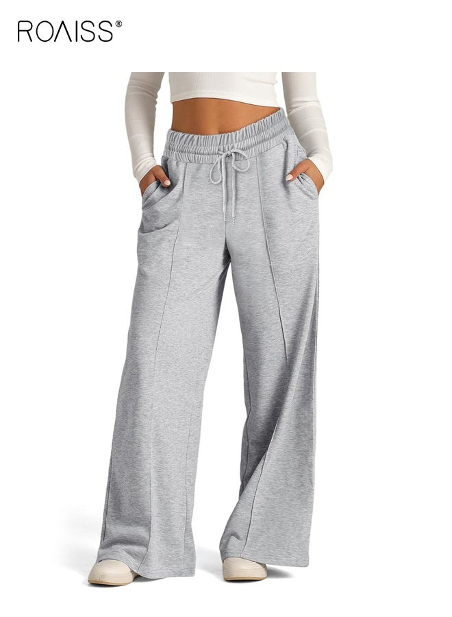 رويس بنطال رياضي نسائي جديد واسع الساقين، بنطال فضفاض مريح، بنطال رياضي برباط، مناسب للجري والتمارين الرياضية، لون رمادي - Image 5